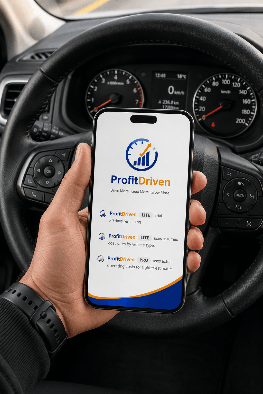 Hand holding a smartphone displaying the ProfitDriven app against a car's steering wheel.